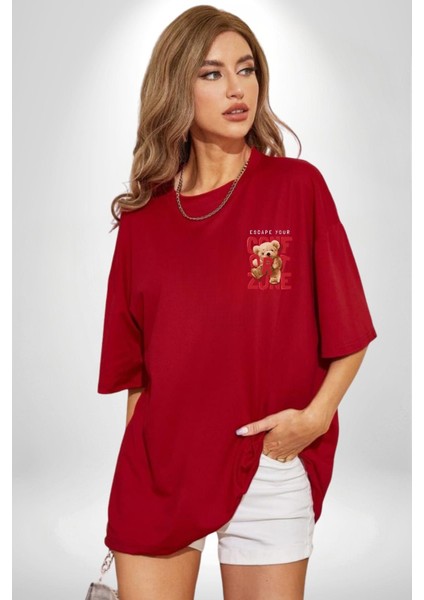 Konfor Bölgenizden Kaçın Oyuncak Ayı Kadın Erkek Ön Minimal Sırt Baskılı Kırmızı Pamuklu Tişört modelleri