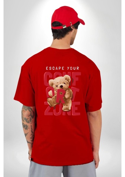 Konfor Bölgenizden Kaçın Oyuncak Ayı Kadın Erkek Ön Minimal Sırt Baskılı Kırmızı Pamuklu Tişört indirimleri