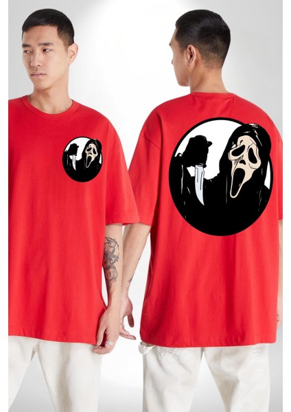 Çığlık Amerikan Korku Karakteri Kadın Erkek Ön Minimal Sırt Baskılı Kırmızı Pamuklu Tişört