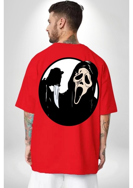 Çığlık Amerikan Korku Karakteri Kadın Erkek Ön Minimal Sırt Baskılı Kırmızı Pamuklu Tişört fiyatları