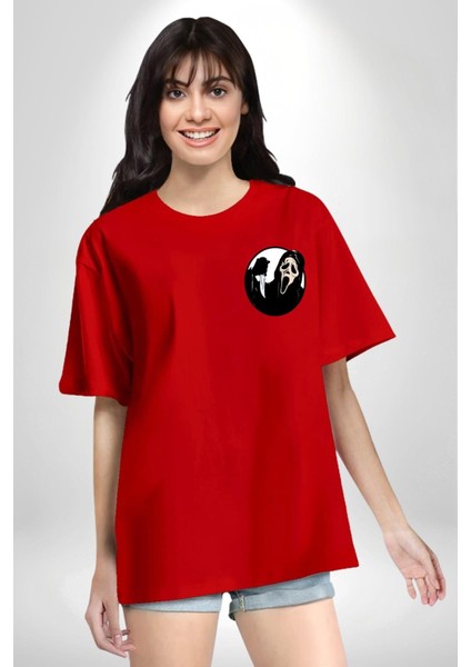 Çığlık Amerikan Korku Karakteri Kadın Erkek Ön Minimal Sırt Baskılı Kırmızı Pamuklu Tişört modelleri