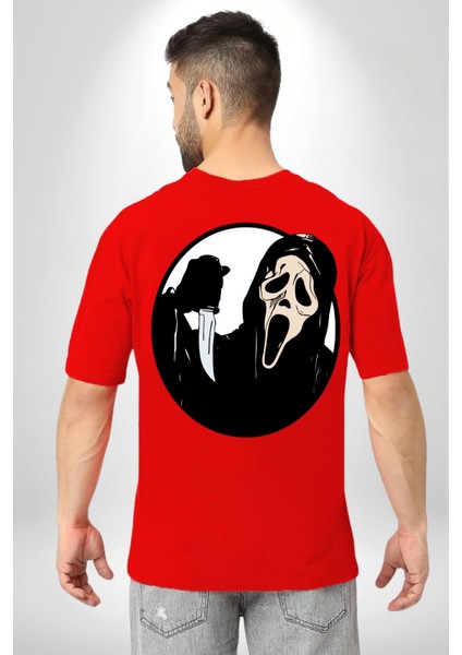 Çığlık Amerikan Korku Karakteri Kadın Erkek Ön Minimal Sırt Baskılı Kırmızı Pamuklu Tişört fırsatları