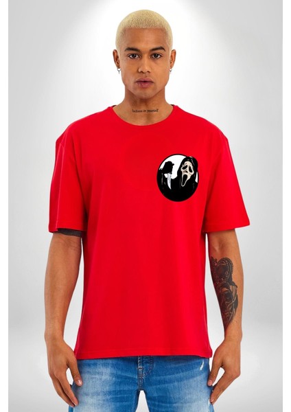 Çığlık Amerikan Korku Karakteri Kadın Erkek Ön Minimal Sırt Baskılı Kırmızı Pamuklu Tişört indirimleri