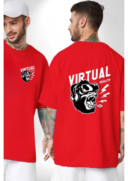 Goril Sanal Gerçeklik Kadın Erkek Ön Minimal Sırt Baskılı Kırmızı Pamuklu Tişört