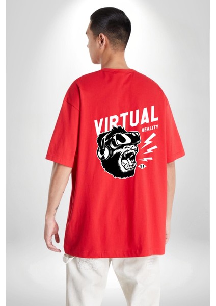 Goril Sanal Gerçeklik Kadın Erkek Ön Minimal Sırt Baskılı Kırmızı Pamuklu Tişört fiyatları