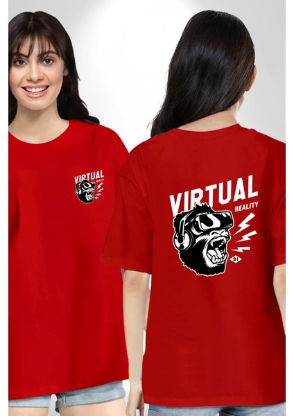 Goril Sanal Gerçeklik Kadın Erkek Ön Minimal Sırt Baskılı Kırmızı Pamuklu Tişört fırsatları