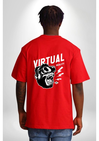Goril Sanal Gerçeklik Kadın Erkek Ön Minimal Sırt Baskılı Kırmızı Pamuklu Tişört indirimleri