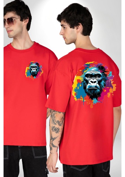 Rengarenk Asil Duruşlu Goril Kadın Erkek Ön Minimal Sırt Baskılı Kırmızı Pamuklu Tişört