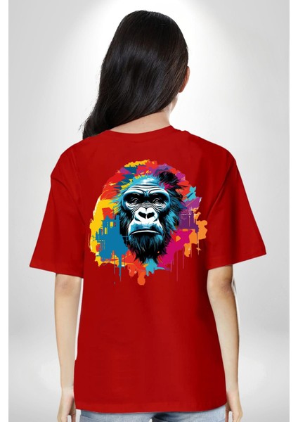 Rengarenk Asil Duruşlu Goril Kadın Erkek Ön Minimal Sırt Baskılı Kırmızı Pamuklu Tişört fiyatları