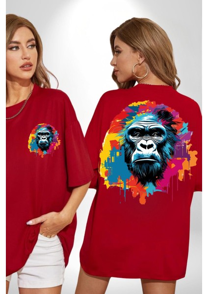 Rengarenk Asil Duruşlu Goril Kadın Erkek Ön Minimal Sırt Baskılı Kırmızı Pamuklu Tişört fırsatları
