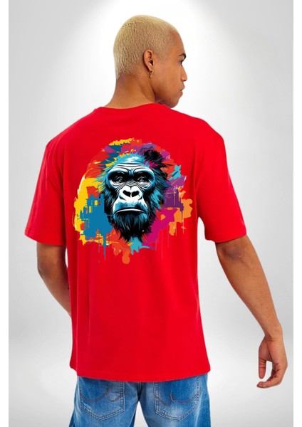 Rengarenk Asil Duruşlu Goril Kadın Erkek Ön Minimal Sırt Baskılı Kırmızı Pamuklu Tişört indirimleri