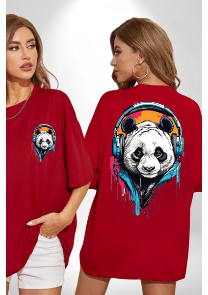 Kulaklıklı Tatlı Havalı Panda Kadın Erkek Ön Minimal Sırt Baskılı Kırmızı Pamuklu Tişört