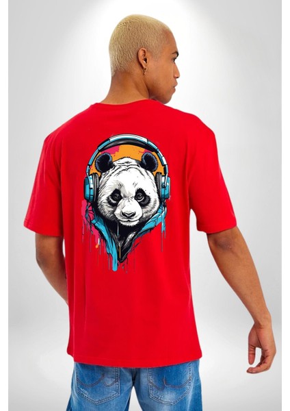 Kulaklıklı Tatlı Havalı Panda Kadın Erkek Ön Minimal Sırt Baskılı Kırmızı Pamuklu Tişört fiyatları