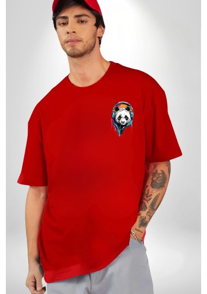 Kulaklıklı Tatlı Havalı Panda Kadın Erkek Ön Minimal Sırt Baskılı Kırmızı Pamuklu Tişört modelleri