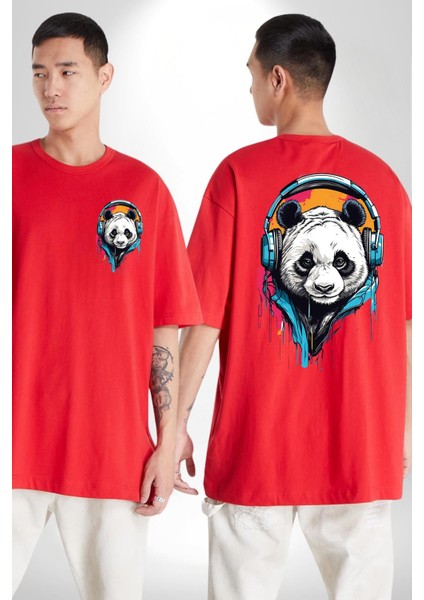 Kulaklıklı Tatlı Havalı Panda Kadın Erkek Ön Minimal Sırt Baskılı Kırmızı Pamuklu Tişört fırsatları