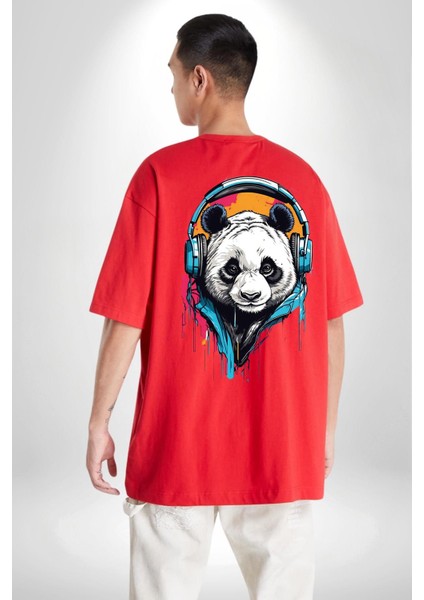 Kulaklıklı Tatlı Havalı Panda Kadın Erkek Ön Minimal Sırt Baskılı Kırmızı Pamuklu Tişört indirimleri