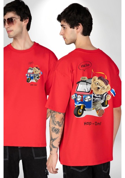 Taksici Oyuncak Ayı Fransız Kadın Erkek Ön Minimal Sırt Baskılı Kırmızı Pamuklu Tişört fırsatları