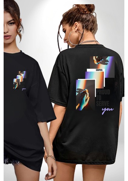 El Ele Aşk ve Dostluk Gökkuşağı Sevgi Kadın Erkek Ön Minimal Sırt Baskılı Siyah Pamuklu Tişört