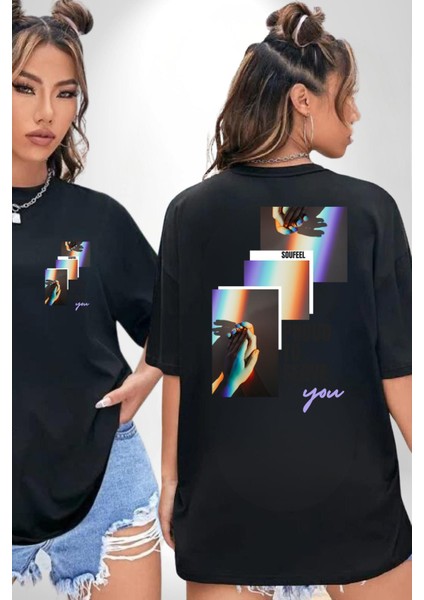 El Ele Aşk ve Dostluk Gökkuşağı Sevgi Kadın Erkek Ön Minimal Sırt Baskılı Siyah Pamuklu Tişört indirimleri