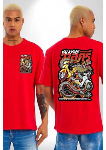 Motorcu Çetesi Çin Ejderhası Kadın Erkek Ön Minimal Sırt Baskılı Kırmızı Pamuklu Tişört