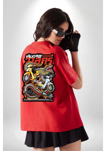 Motorcu Çetesi Çin Ejderhası Kadın Erkek Ön Minimal Sırt Baskılı Kırmızı Pamuklu Tişört fiyatları