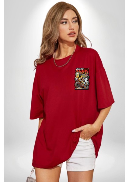 Motorcu Çetesi Çin Ejderhası Kadın Erkek Ön Minimal Sırt Baskılı Kırmızı Pamuklu Tişört modelleri