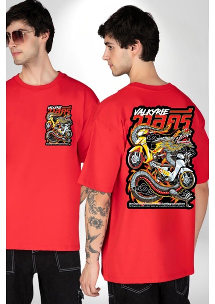 Motorcu Çetesi Çin Ejderhası Kadın Erkek Ön Minimal Sırt Baskılı Kırmızı Pamuklu Tişört fırsatları