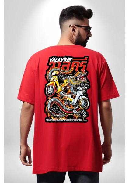 Motorcu Çetesi Çin Ejderhası Kadın Erkek Ön Minimal Sırt Baskılı Kırmızı Pamuklu Tişört indirimleri