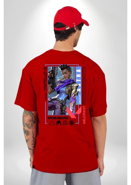 Astra Smoker Karakter Kadın Erkek Ön Minimal Sırt Baskılı Kırmızı Pamuklu Tişört fiyatları