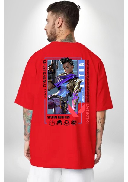 Astra Smoker Karakter Kadın Erkek Ön Minimal Sırt Baskılı Kırmızı Pamuklu Tişört indirimleri