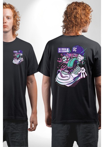 Çok Taze Çok Temiz Müzisyen Ayakkabı Kadın Erkek Ön Minimal Sırt Baskılı Siyah Pamuklu Tişört