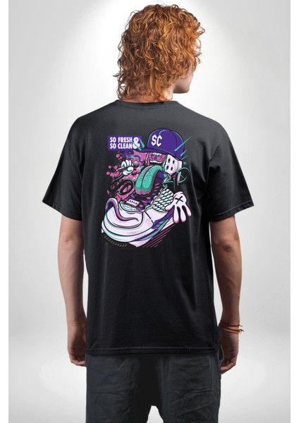 Çok Taze Çok Temiz Müzisyen Ayakkabı Kadın Erkek Ön Minimal Sırt Baskılı Siyah Pamuklu Tişört fiyatları