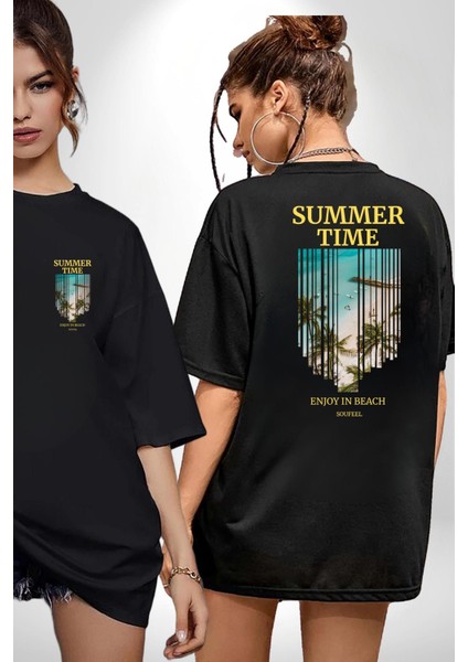 Yaz Zamanında Plaj Keyfi Kadın Erkek Ön Minimal Sırt Baskılı Siyah Pamuklu Tişört