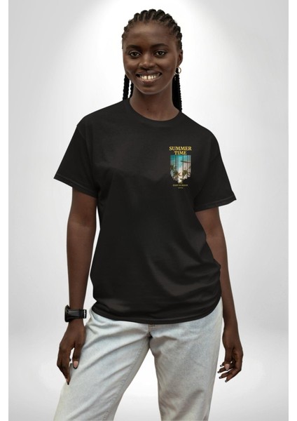 Yaz Zamanında Plaj Keyfi Kadın Erkek Ön Minimal Sırt Baskılı Siyah Pamuklu Tişört modelleri