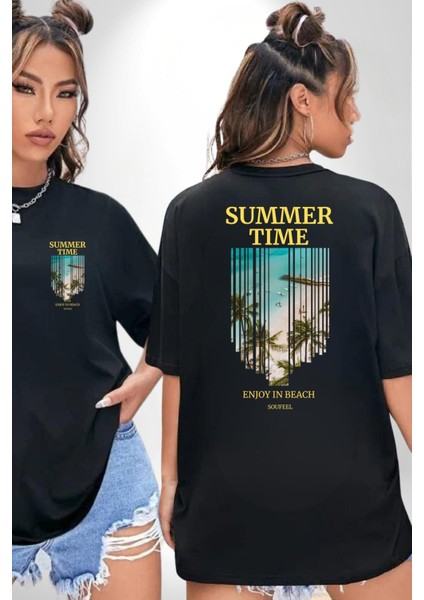 Yaz Zamanında Plaj Keyfi Kadın Erkek Ön Minimal Sırt Baskılı Siyah Pamuklu Tişört fırsatları