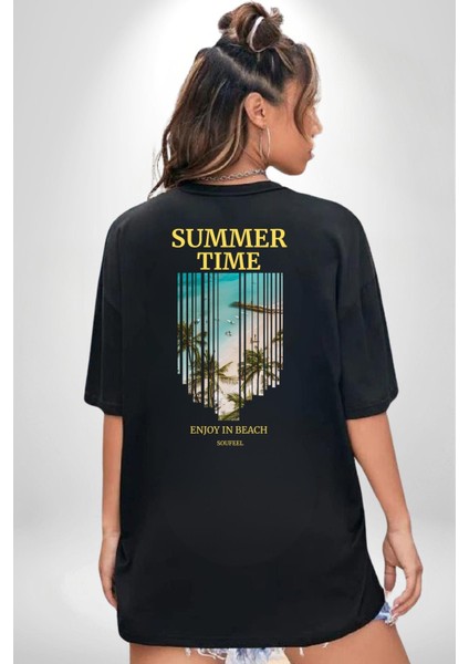 Yaz Zamanında Plaj Keyfi Kadın Erkek Ön Minimal Sırt Baskılı Siyah Pamuklu Tişört indirimleri