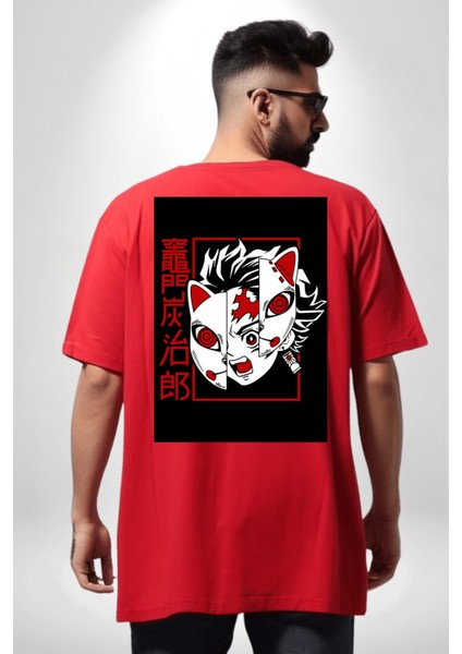 Demon Slayer Tanjiro Kamado Anime Kadın Erkek Ön Minimal Sırt Baskılı Kırmızı Pamuklu Tişört fiyatları