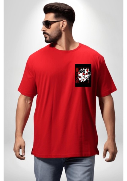 Demon Slayer Tanjiro Kamado Anime Kadın Erkek Ön Minimal Sırt Baskılı Kırmızı Pamuklu Tişört modelleri