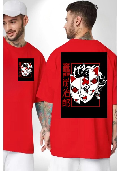 Demon Slayer Tanjiro Kamado Anime Kadın Erkek Ön Minimal Sırt Baskılı Kırmızı Pamuklu Tişört fırsatları