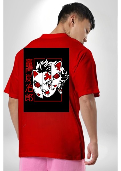 Demon Slayer Tanjiro Kamado Anime Kadın Erkek Ön Minimal Sırt Baskılı Kırmızı Pamuklu Tişört indirimleri