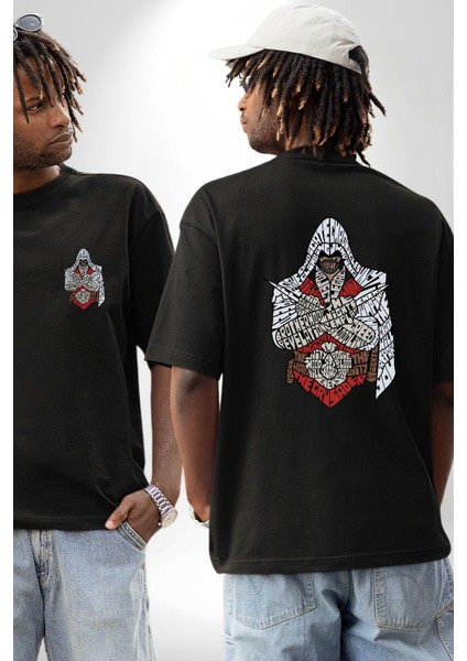 Assasins Creed Efsane Oyun Kadın Erkek Ön Minimal Sırt Baskılı Siyah Pamuklu Tişört fırsatları