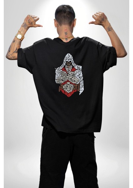 Assasins Creed Efsane Oyun Kadın Erkek Ön Minimal Sırt Baskılı Siyah Pamuklu Tişört indirimleri