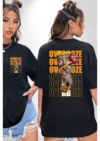 Overdoze Kadın Gül Dövme Sıkıntı Isyan Kadın Erkek Ön Minimal Sırt Baskılı Siyah Pamuklu Tişört