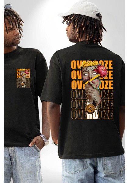 Overdoze Kadın Gül Dövme Sıkıntı Isyan Kadın Erkek Ön Minimal Sırt Baskılı Siyah Pamuklu Tişört fırsatları