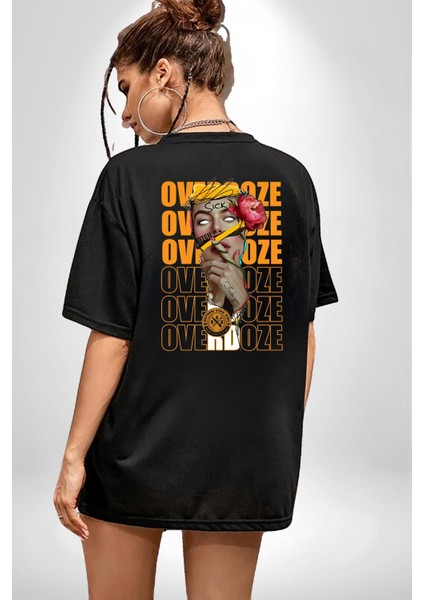 Overdoze Kadın Gül Dövme Sıkıntı Isyan Kadın Erkek Ön Minimal Sırt Baskılı Siyah Pamuklu Tişört indirimleri