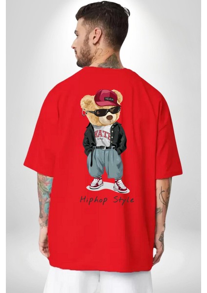 Hip Hop Tarzı Oyuncak Ayı Kadın Erkek Ön Minimal Sırt Baskılı Kırmızı Pamuklu Tişört fiyatları