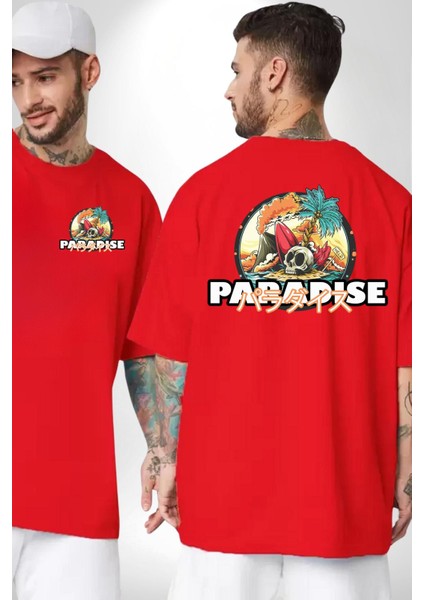 Cennet Iskelet Adam Ada Kadın Erkek Ön Minimal Sırt Baskılı Kırmızı Pamuklu Tişört