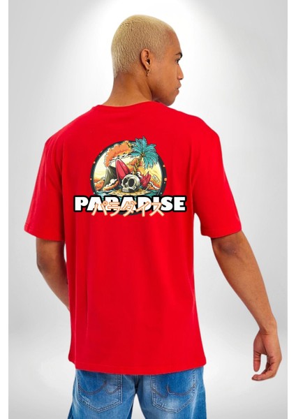 Cennet Iskelet Adam Ada Kadın Erkek Ön Minimal Sırt Baskılı Kırmızı Pamuklu Tişört fiyatları