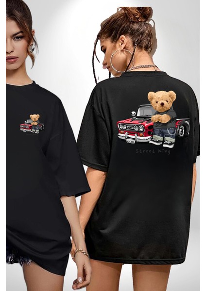 Sokak Kralı Havalı Araba Tatlı Ayı Kadın Erkek Ön Minimal Sırt Baskılı Siyah Pamuklu Tişört