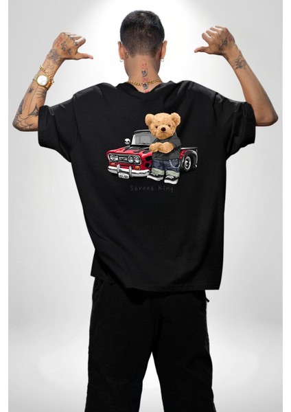 Sokak Kralı Havalı Araba Tatlı Ayı Kadın Erkek Ön Minimal Sırt Baskılı Siyah Pamuklu Tişört fırsatları